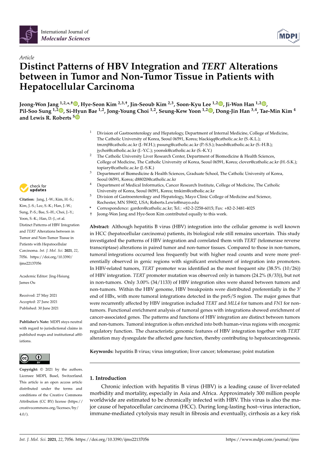 Distinct Patterns of HBV Integration and TERT Alterations Between in Tumor and Non-Tumor Tissue in Patients with Hepatocellular Carcinoma