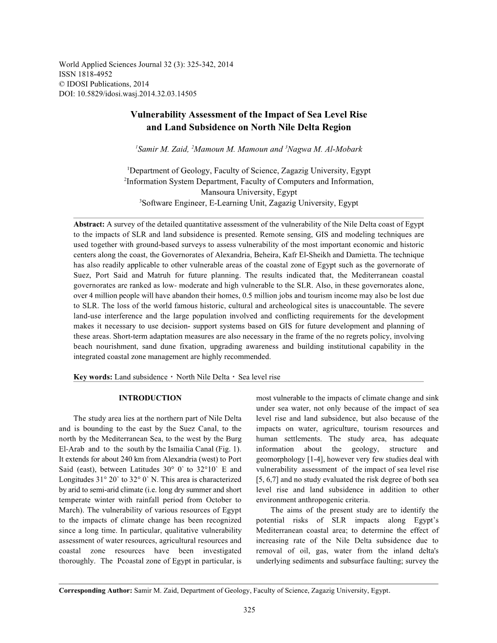 Vulnerability Assessment of the Impact of Sea Level Rise and Land Subsidence on North Nile Delta Region