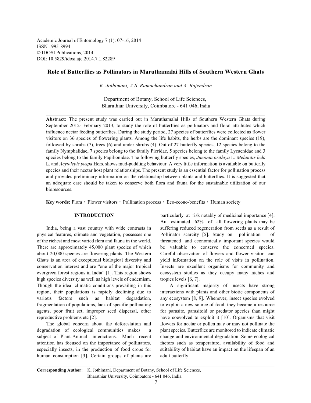 Role of Butterflies As Pollinators in Maruthamalai Hills of Southern Western Ghats