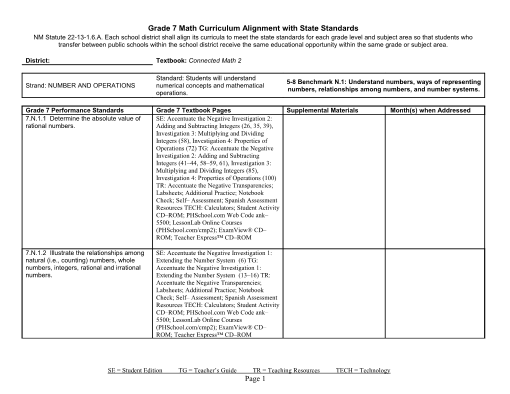 Grade 7 Math Curriculum Alignment with State Standards