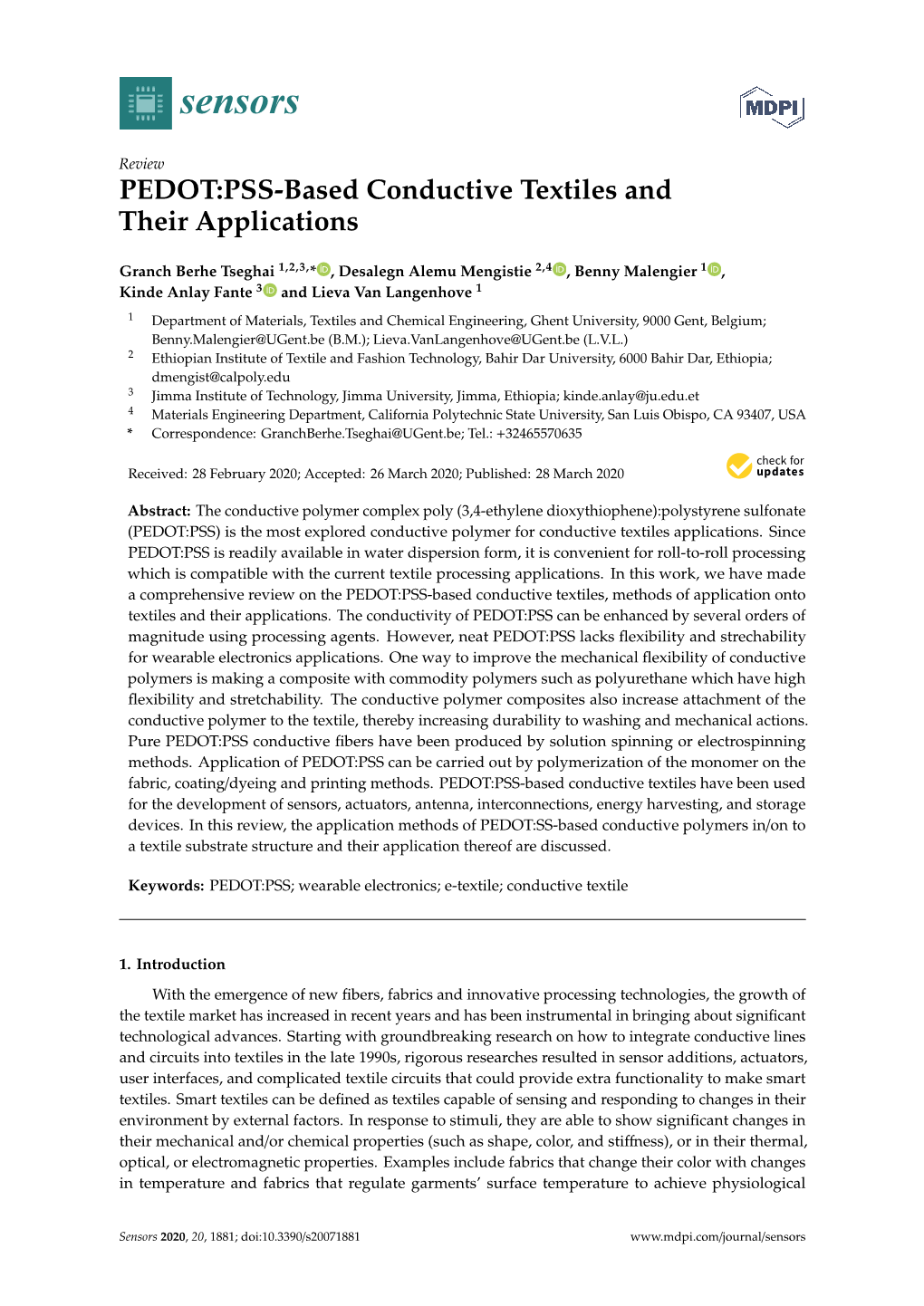 PEDOT:PSS-Based Conductive Textiles and Their Applications