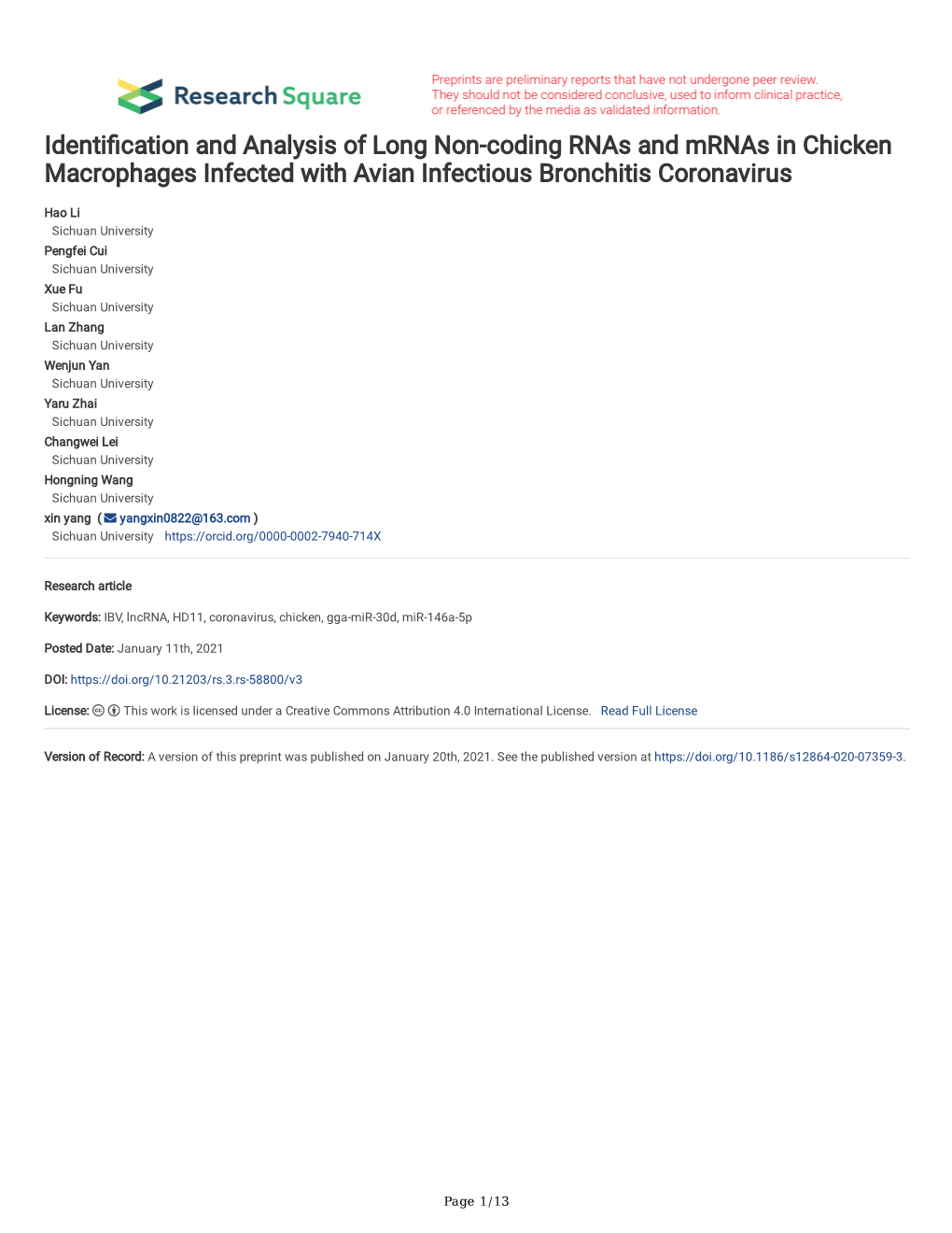 Identi Cation and Analysis of Long Non-Coding Rnas and Mrnas in Chicken Macrophages Infected with Avian Infectious Bronchitis Co