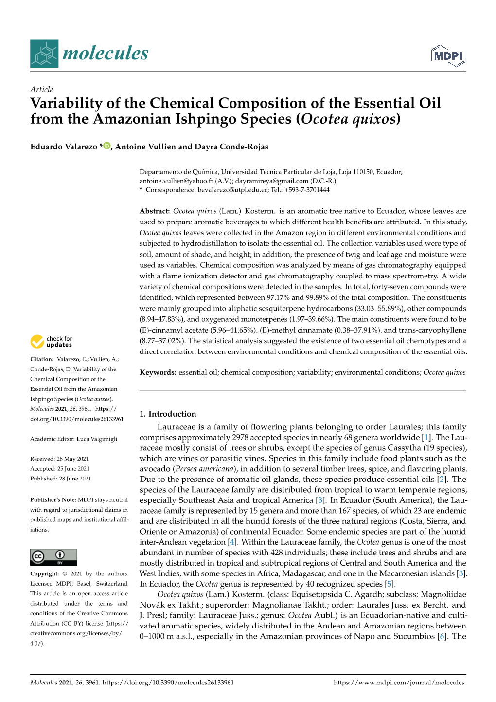 Variability of the Chemical Composition of the Essential Oil from the Amazonian Ishpingo Species (Ocotea Quixos)