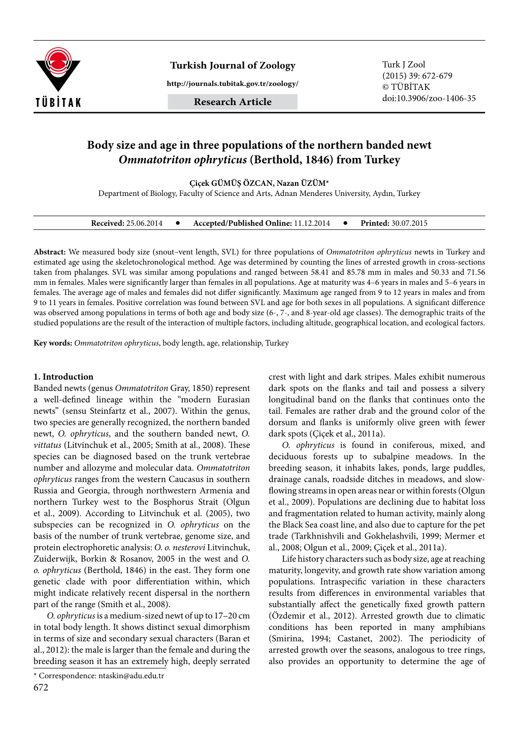 Body Size and Age in Three Populations of the Northern Banded Newt Ommatotriton Ophryticus (Berthold, 1846) from Turkey