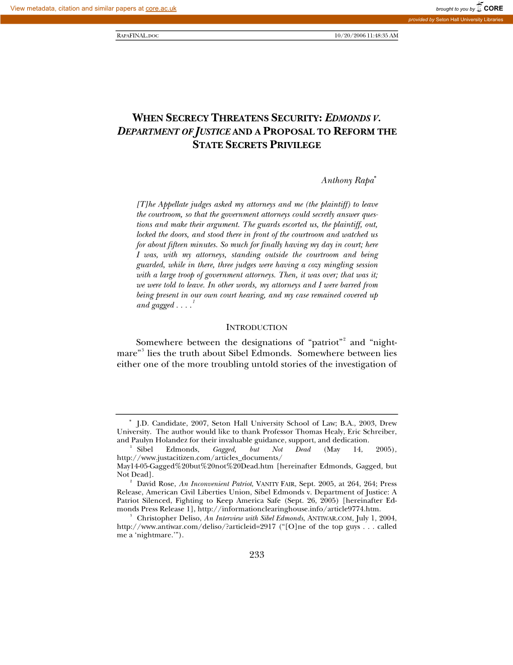 When Secrecy Threatens Security: Edmonds V. Department of Justice and a Proposal to Reform the State Secrets Privilege