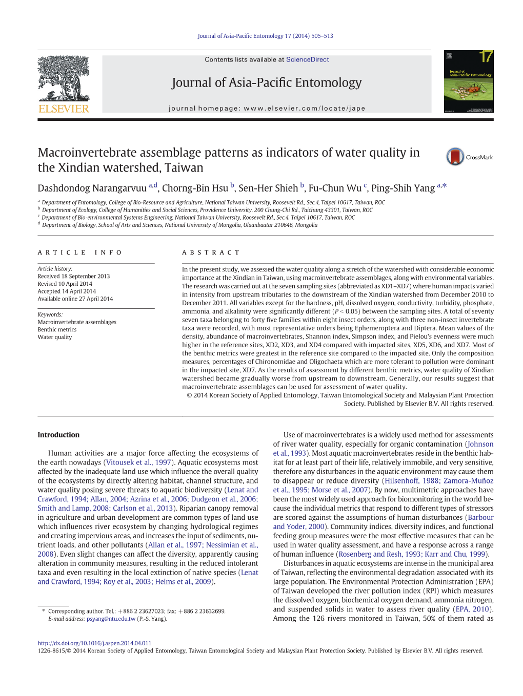 Macroinvertebrate Assemblage Patterns As Indicators of Water Quality in the Xindian Watershed, Taiwan