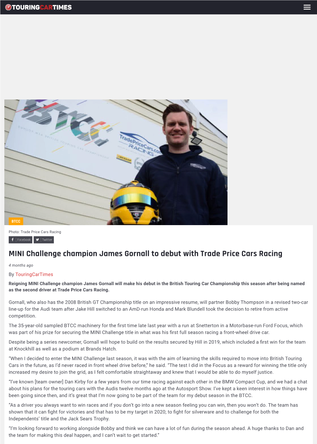 MINI Challenge Champion James Gornall to Debut with Trade Price Cars Racing