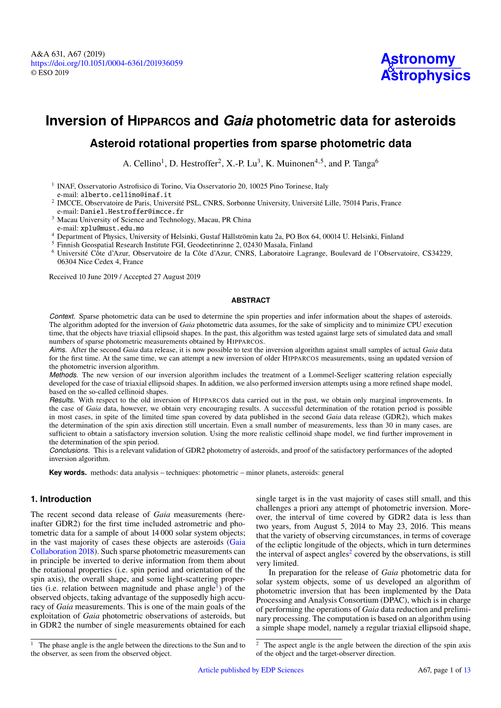 Inversion of HIPPARCOS and Gaia Photometric Data for Asteroids Asteroid Rotational Properties from Sparse Photometric Data A