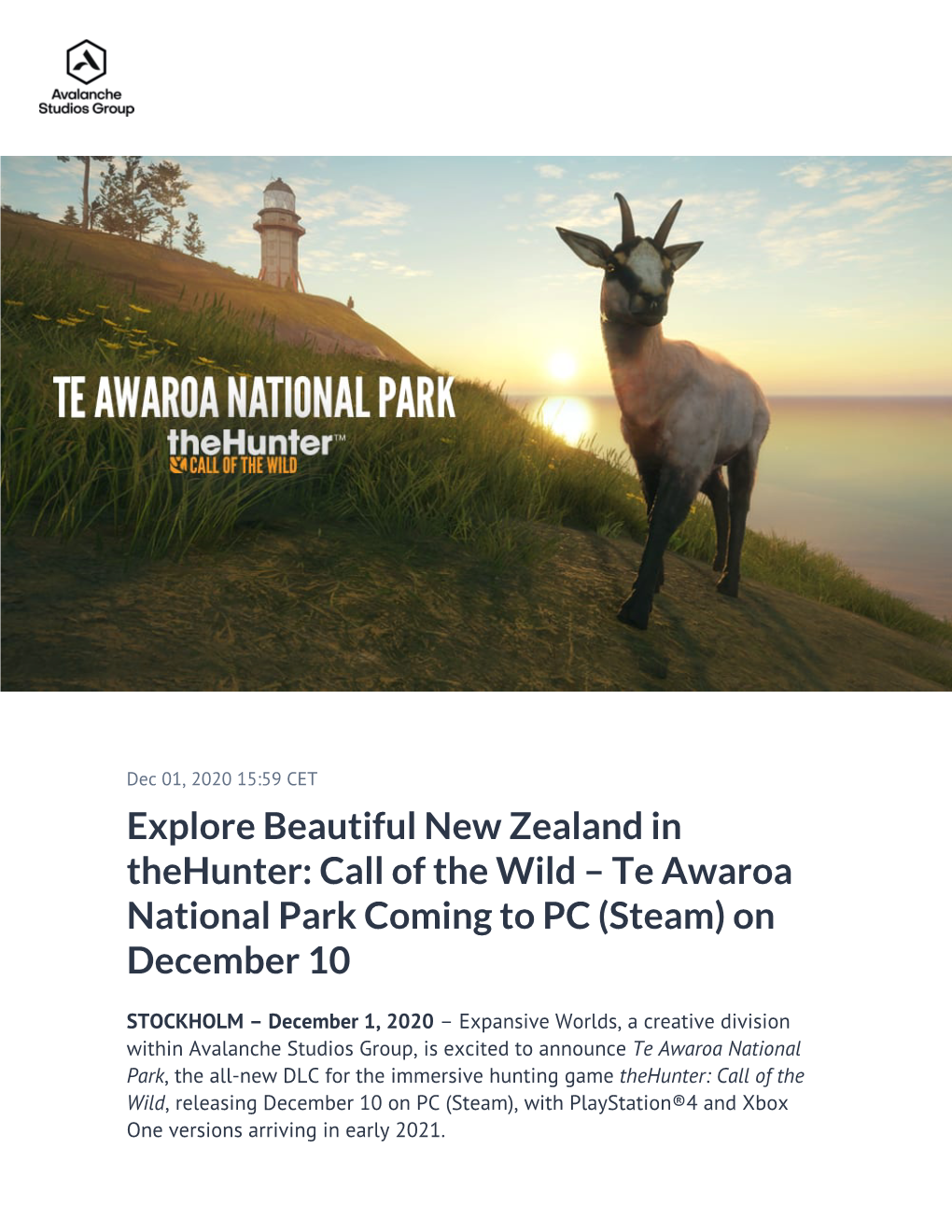 Explore Beautiful New Zealand in Thehunter: Call of the Wild – Te Awaroa National Park Coming to PC (Steam) on December 10