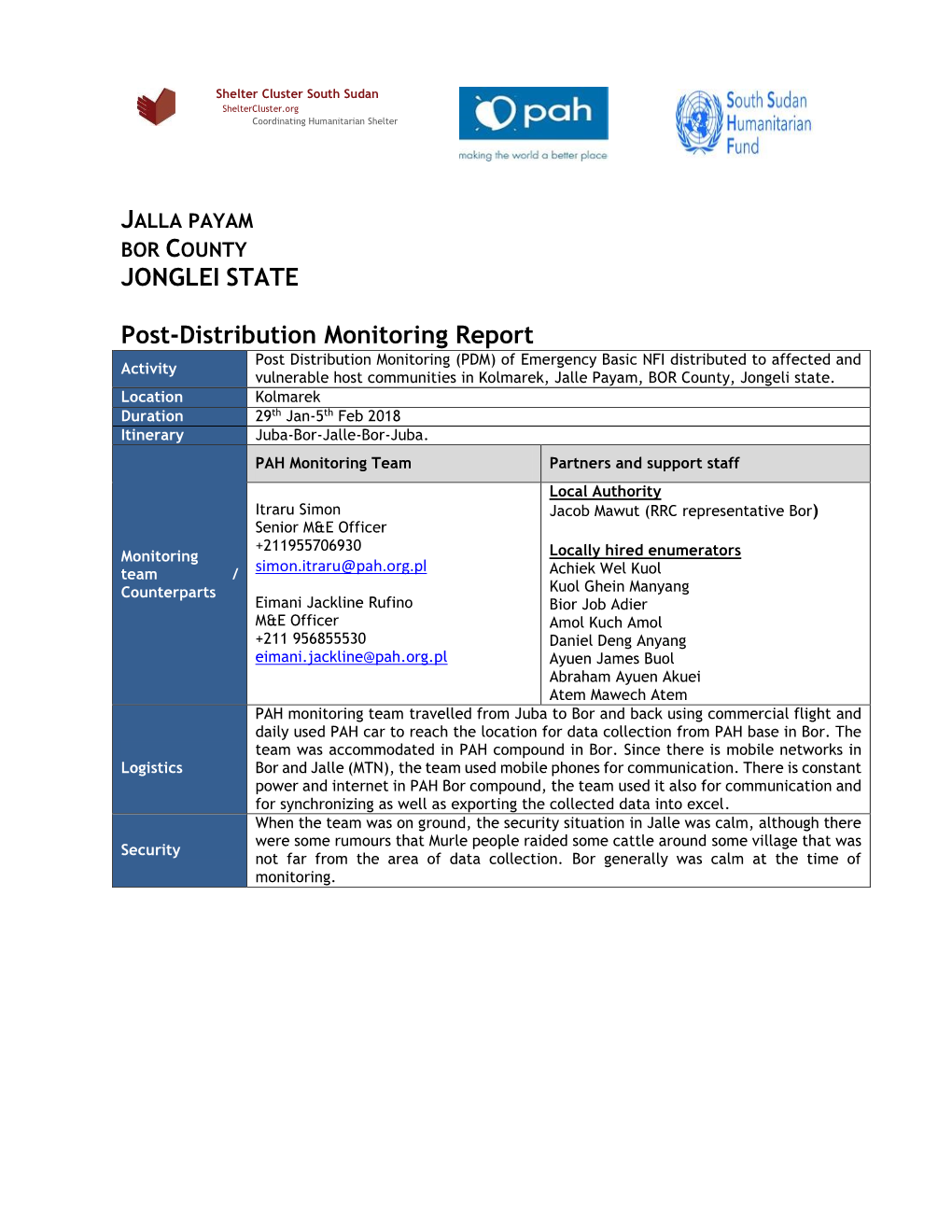 JONGLEI STATE Post-Distribution Monitoring Report