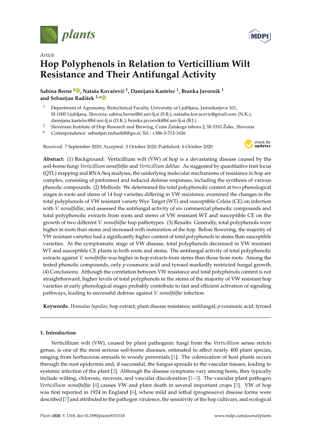 Hop Polyphenols in Relation to Verticillium Wilt Resistance and Their Antifungal Activity