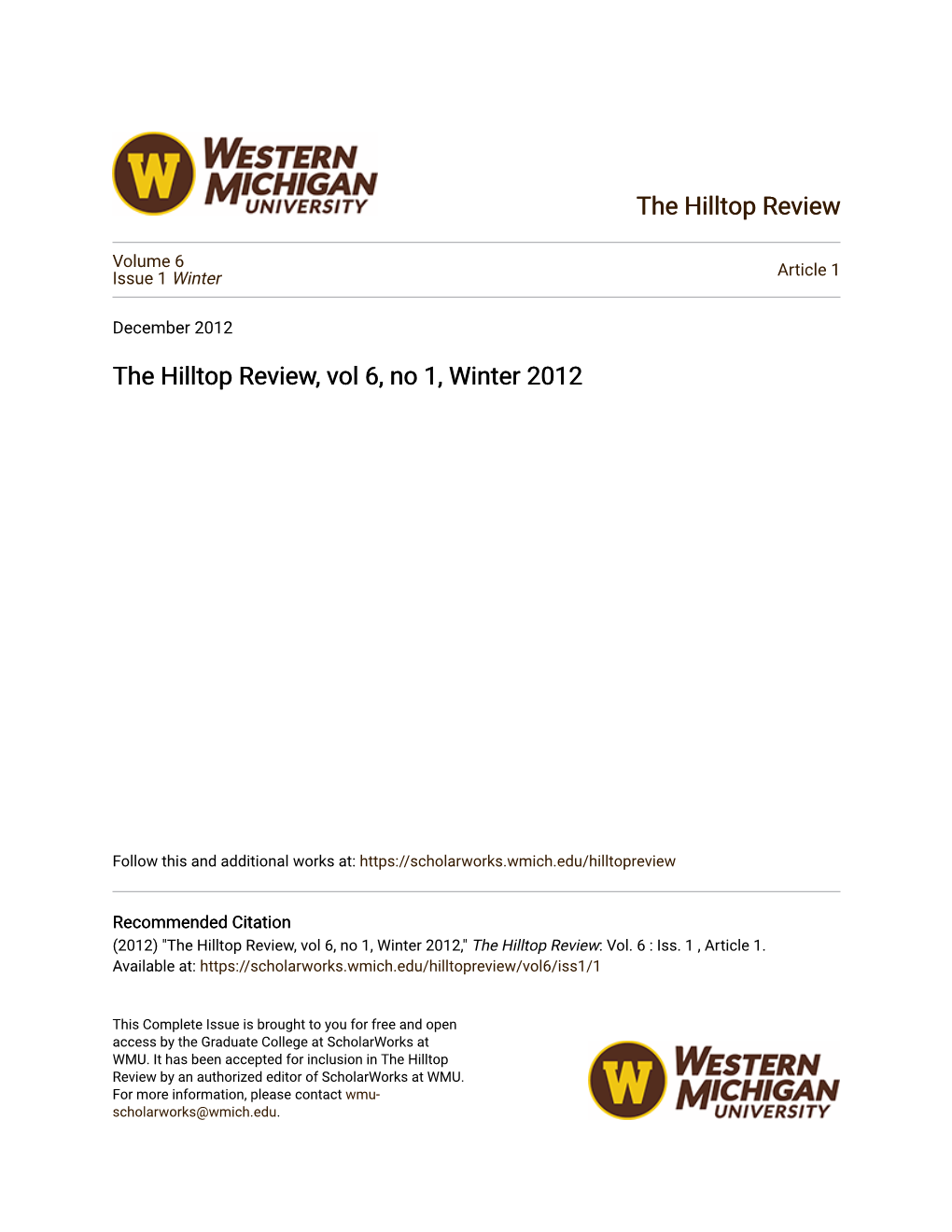 The Hilltop Review, Vol 6, No 1, Winter 2012