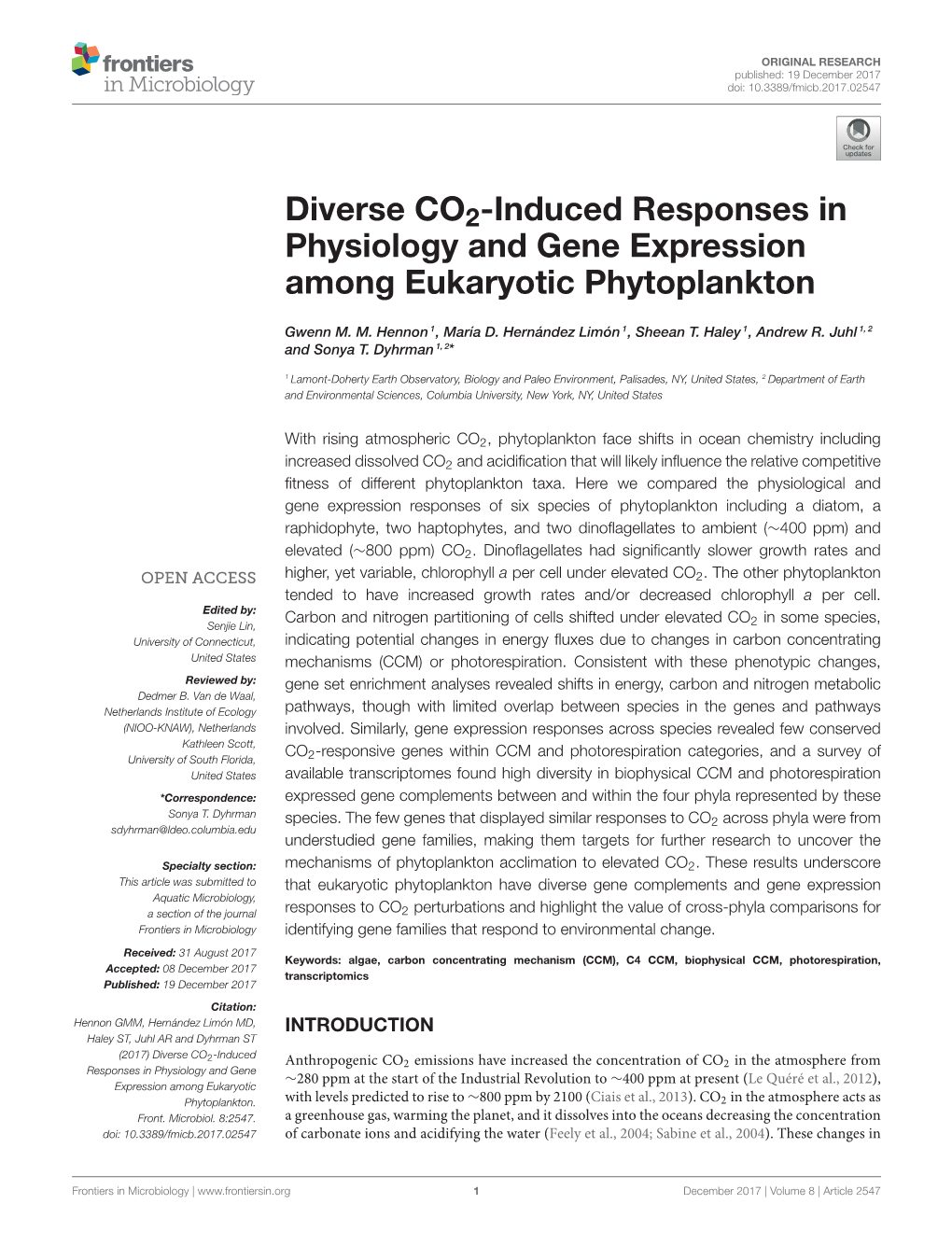 Diverse CO2-Induced Responses in Physiology and Gene Expression Among Eukaryotic Phytoplankton