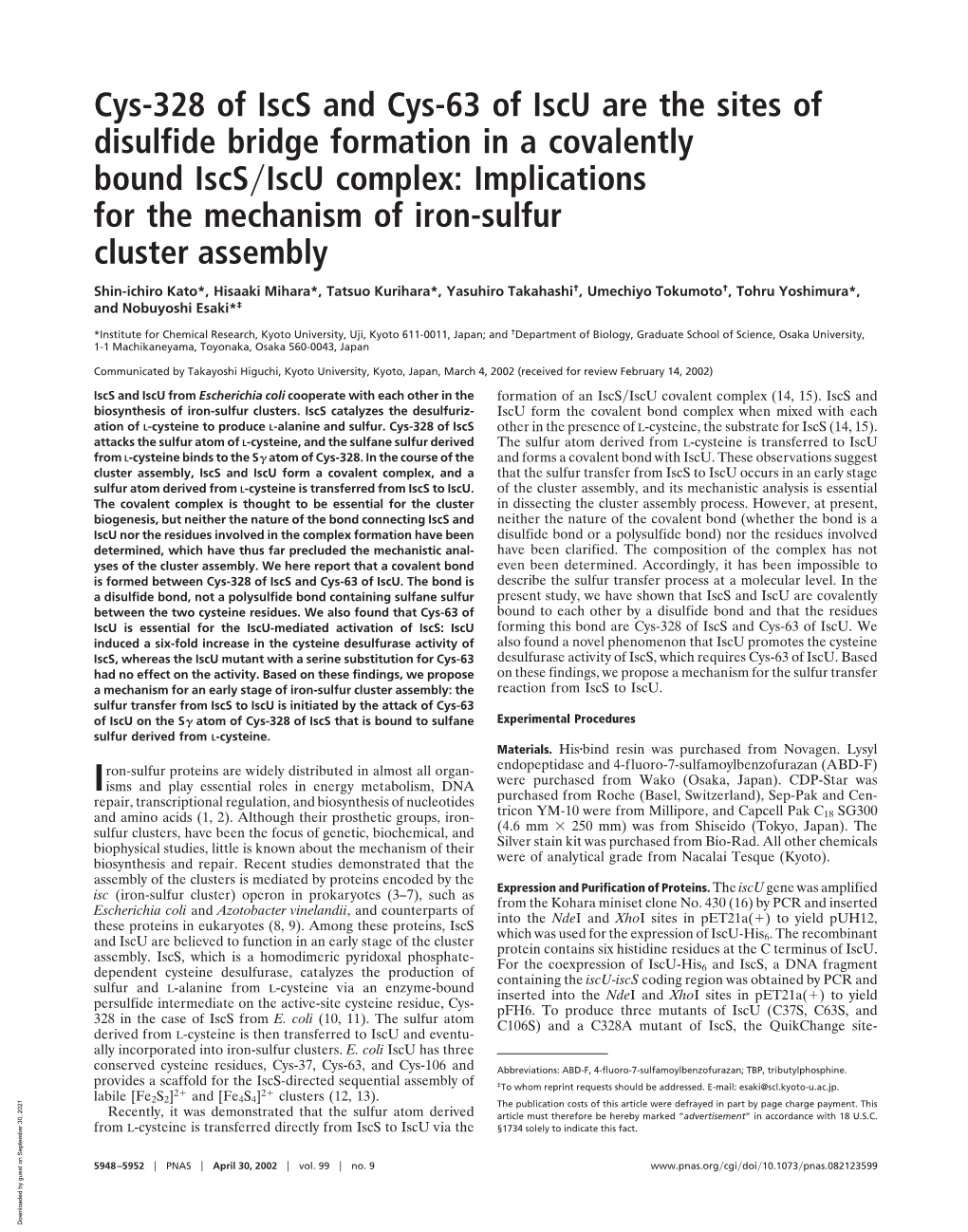 Cys-328 of Iscs and Cys-63 of Iscu Are the Sites of Disulfide