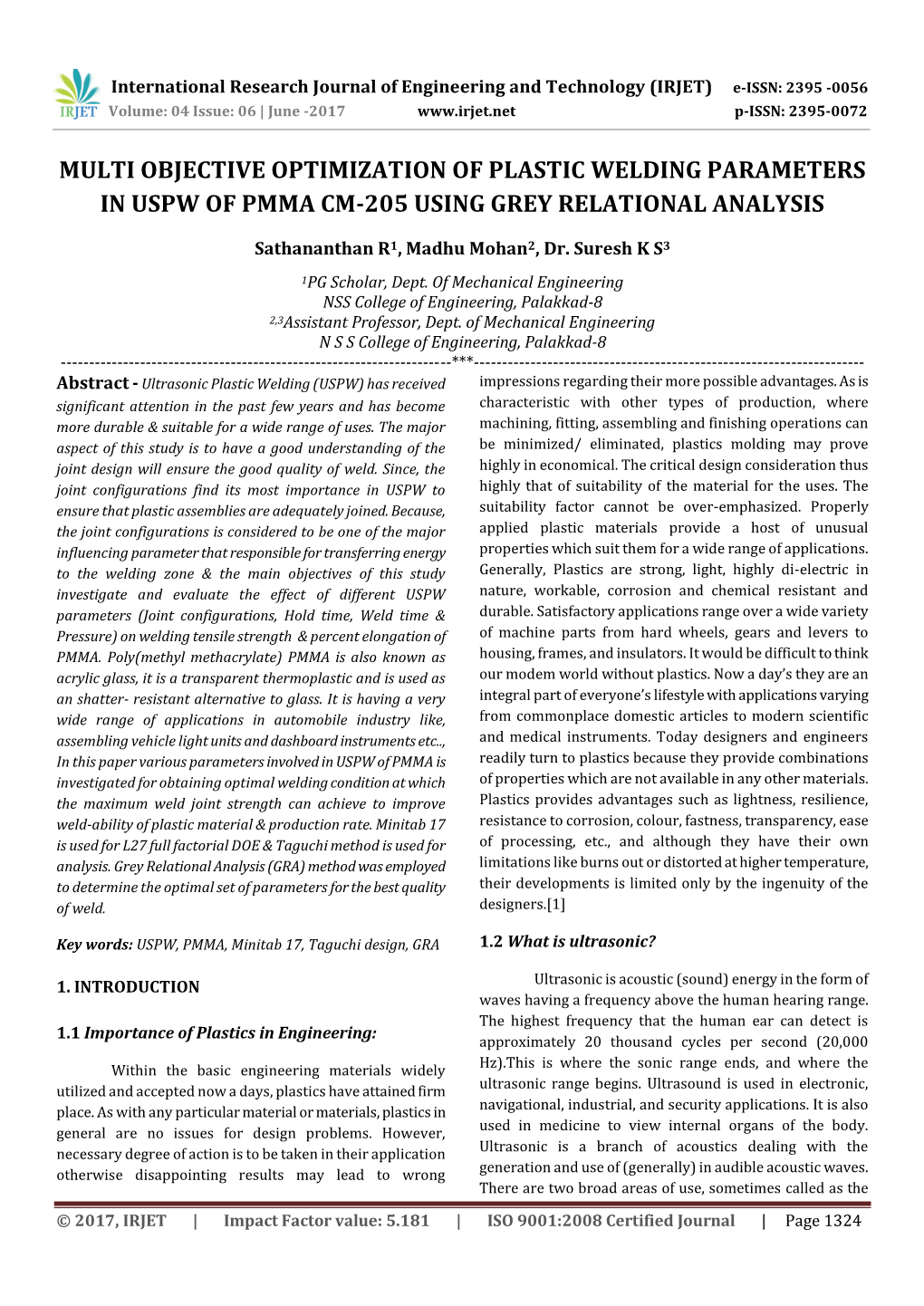 Multi Objective Optimization of Plastic Welding Parameters in Uspw of Pmma Cm-205 Using Grey Relational Analysis