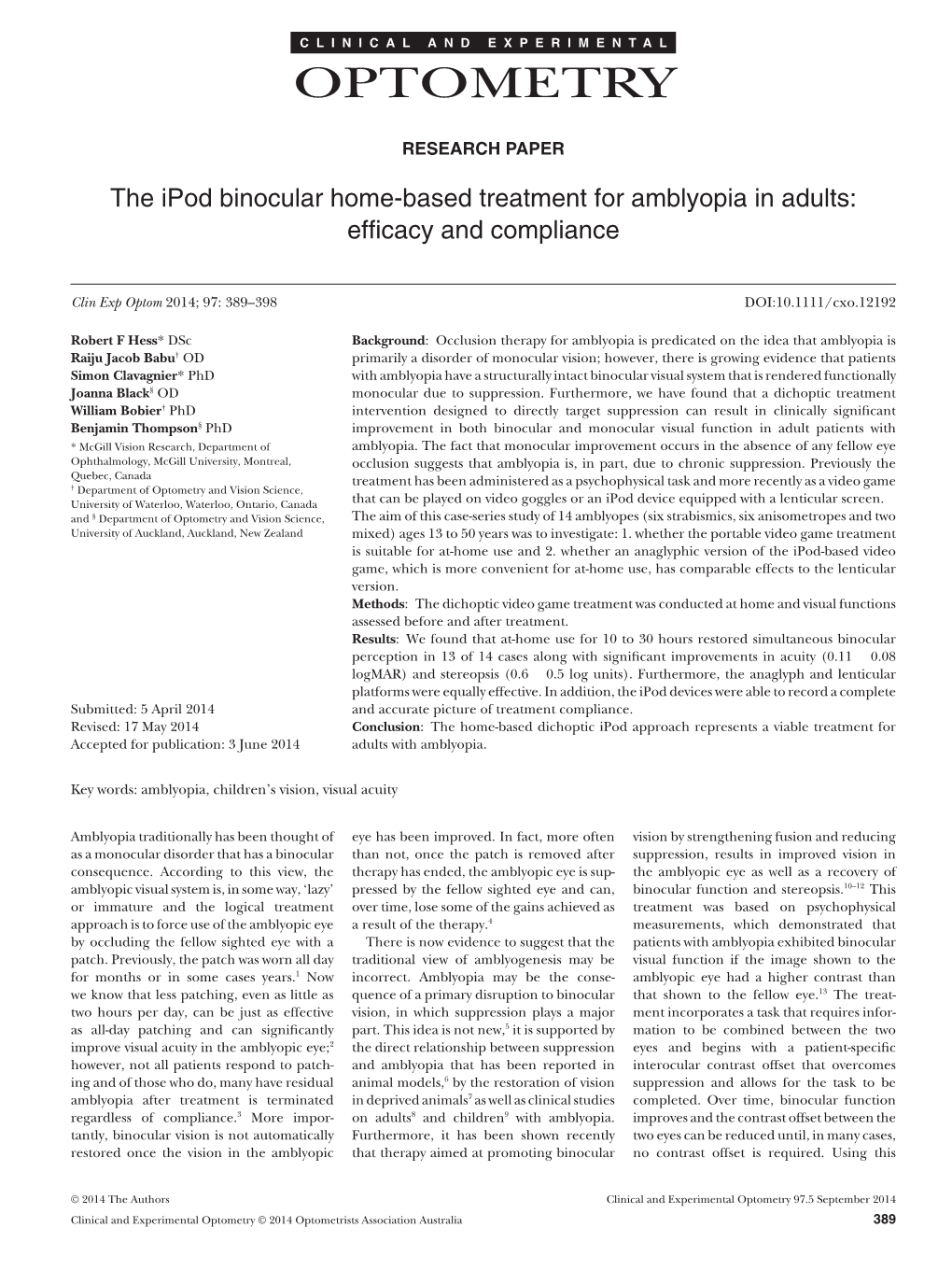 The Ipod Binocular Homebased Treatment for Amblyopia in Adults