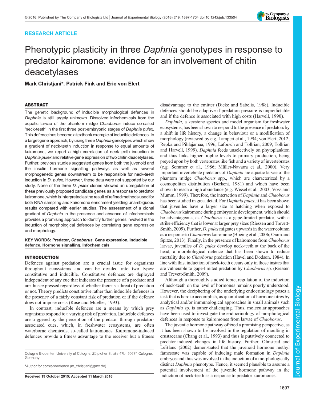 Phenotypic Plasticity in Three Daphnia Genotypes in Response to Predator Kairomone: Evidence for an Involvement of Chitin Deacet