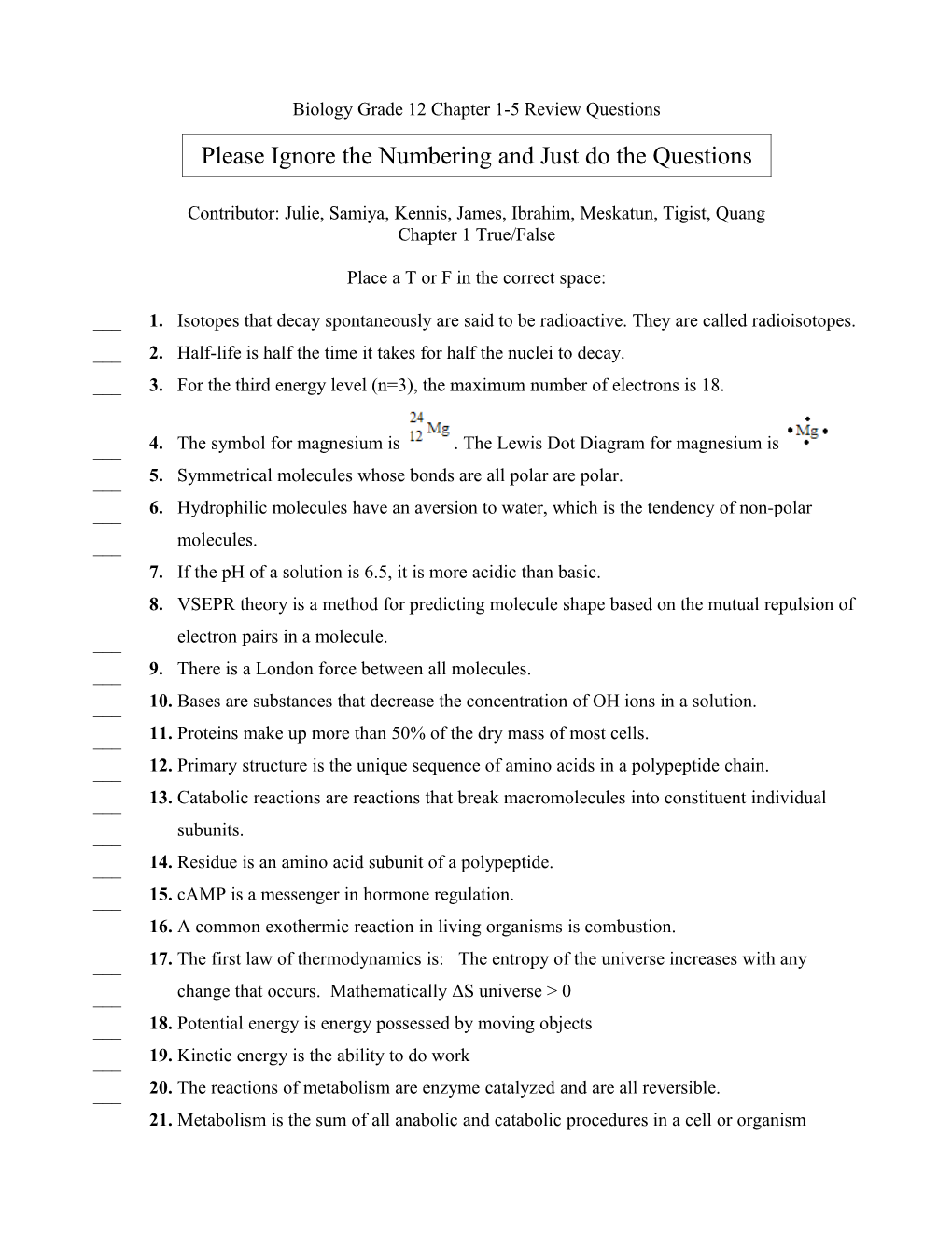 Biology Grade 12 Chapter 1-5 Review Questions