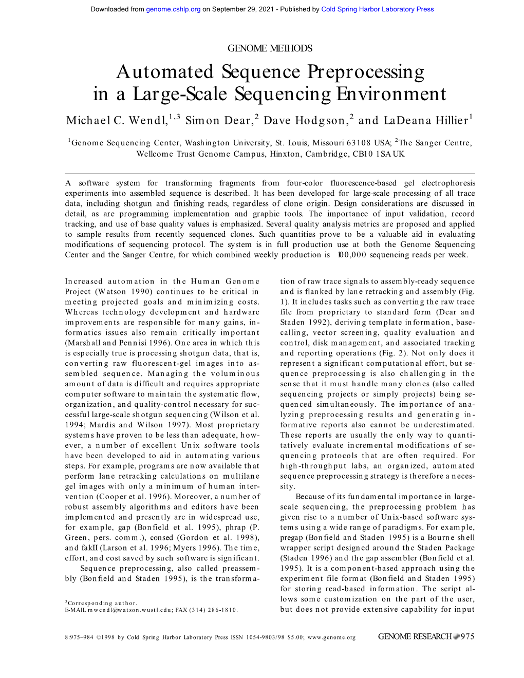 Automated Sequence Preprocessing in a Large-Scale Sequencing Environment Michael C
