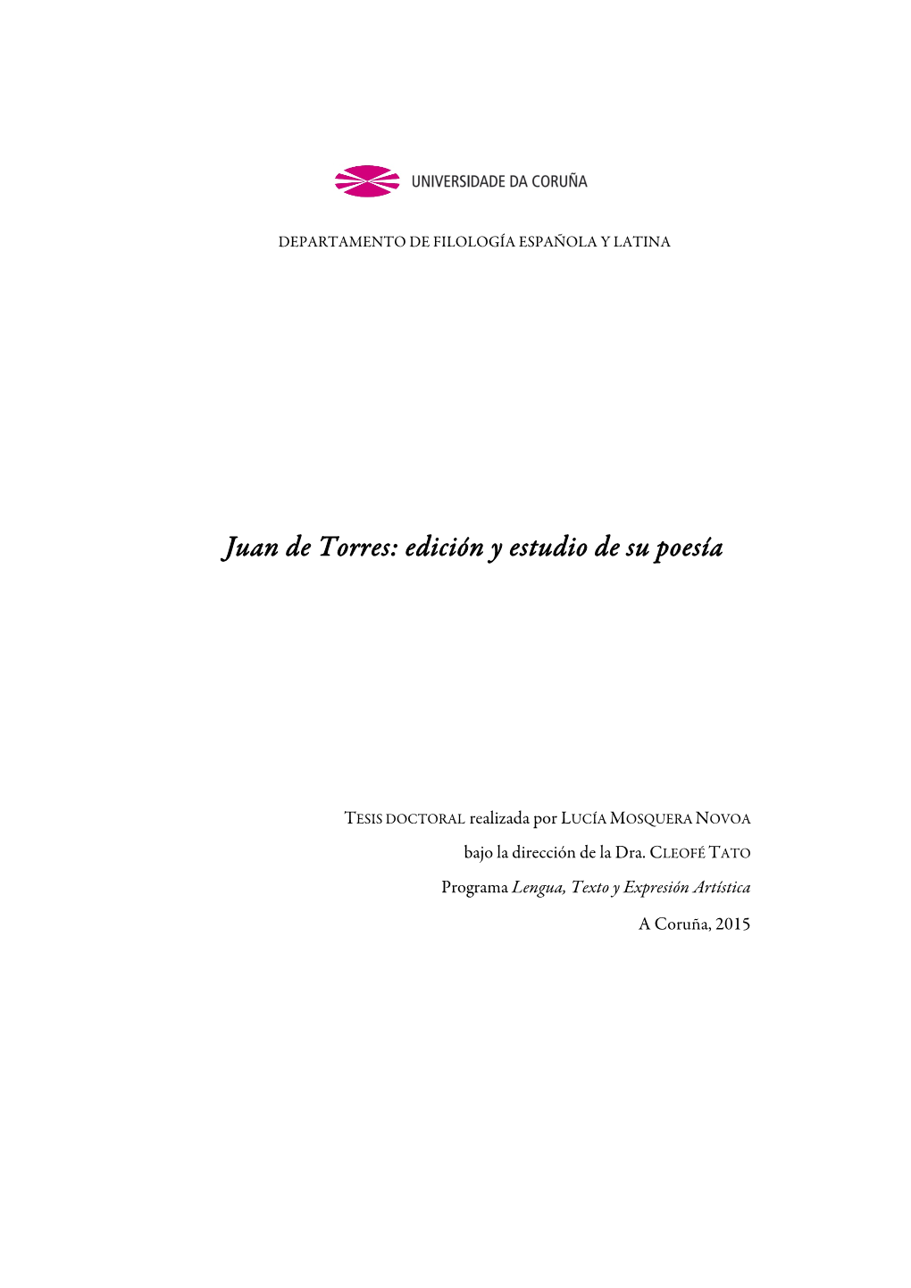 Juan De Torres: Edición Y Estudio De Su Poesía