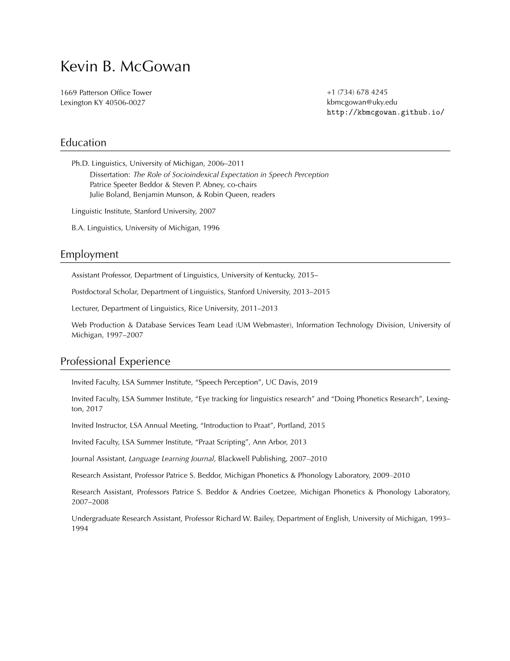 Curriculum Vitae Kevin B. Mcgowan