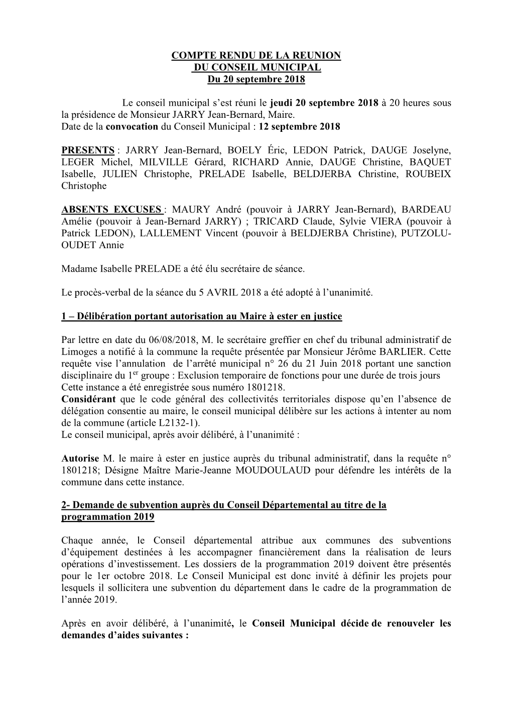 COMPTE RENDU DE LA REUNION DU CONSEIL MUNICIPAL Du 20 Septembre 2018