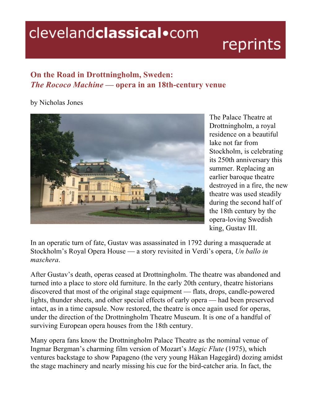 On the Road in Drottningholm, Sweden: the Rococo Machine — Opera in an 18Th­Century Venue ​ by Nicholas Jones