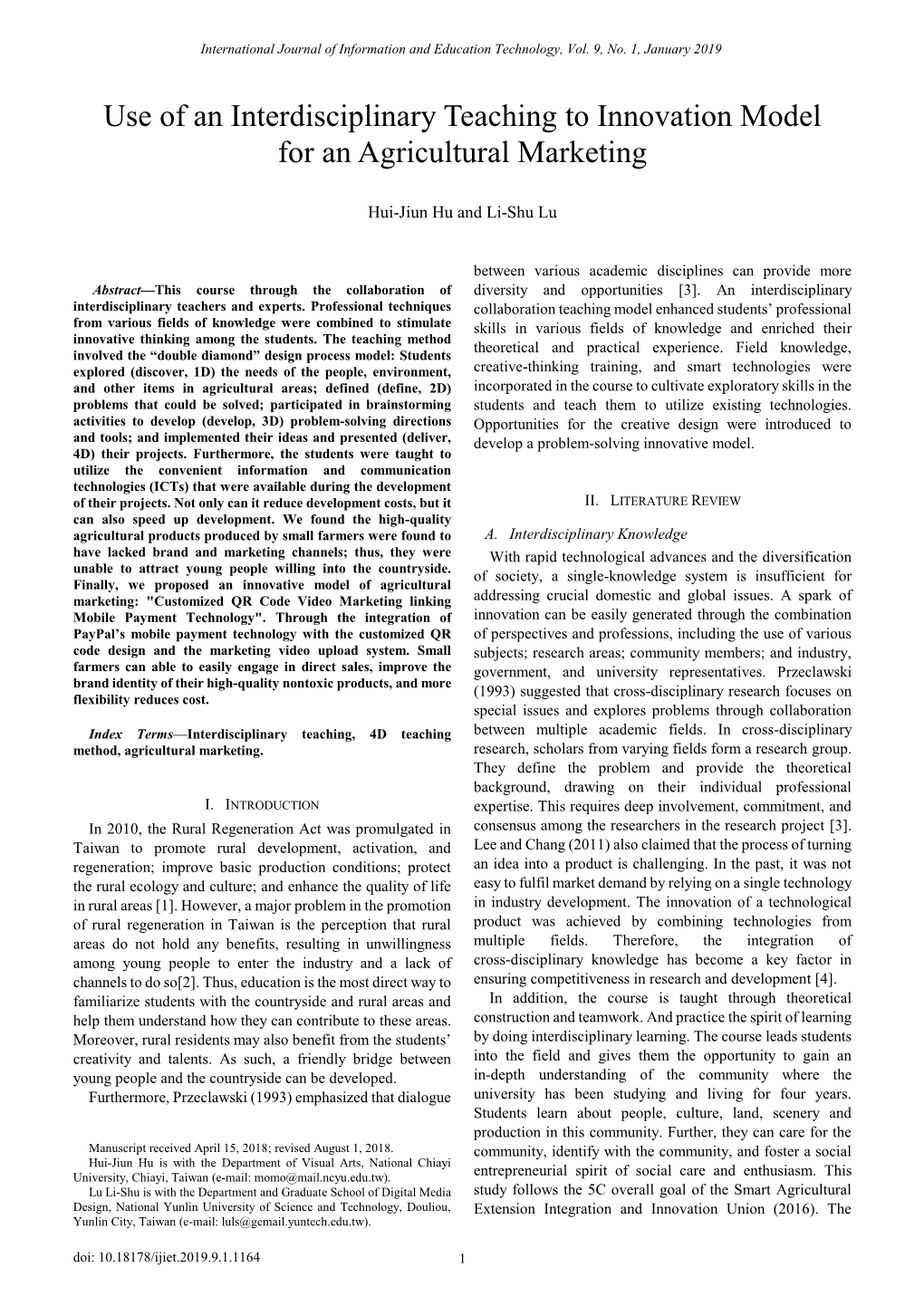 Use of an Interdisciplinary Teaching to Innovation Model for an Agricultural Marketing