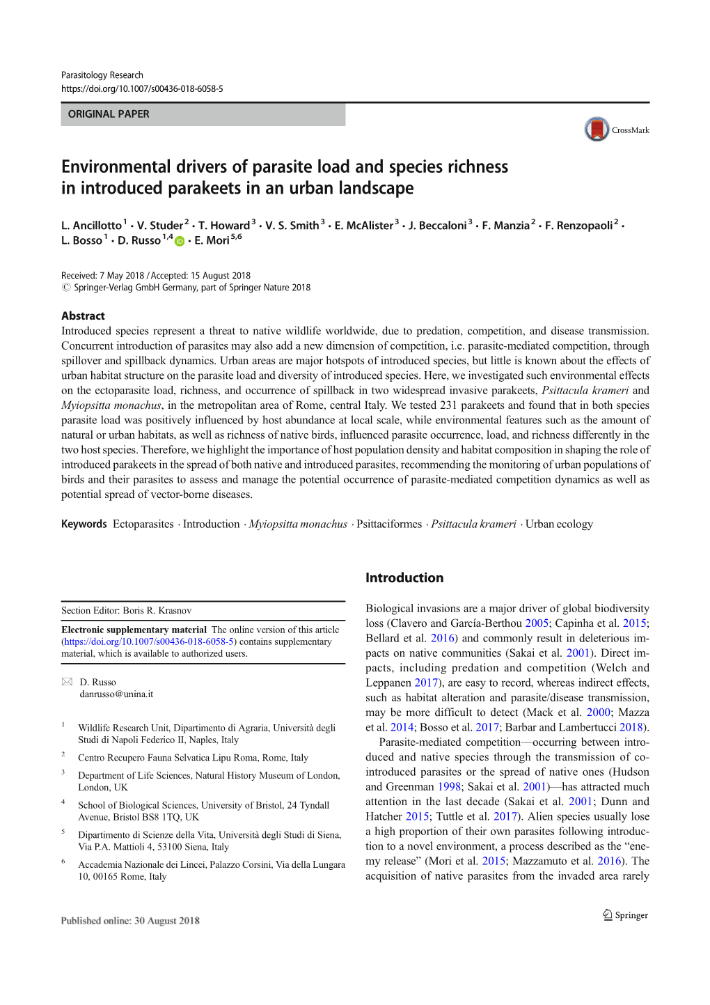 Environmental Drivers of Parasite Load and Species Richness in Introduced Parakeets in an Urban Landscape