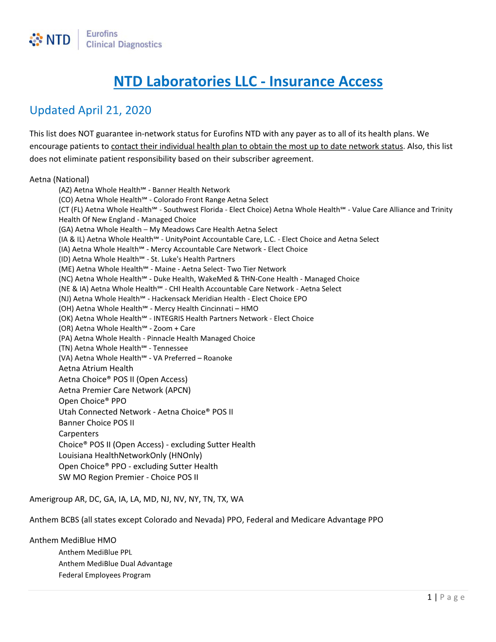 NTD Laboratories LLC - Insurance Access