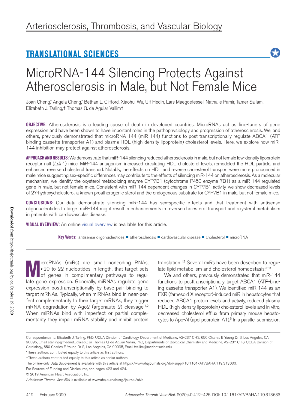Microrna-144 Silencing Protects Against Atherosclerosis in Male, but Not Female Mice