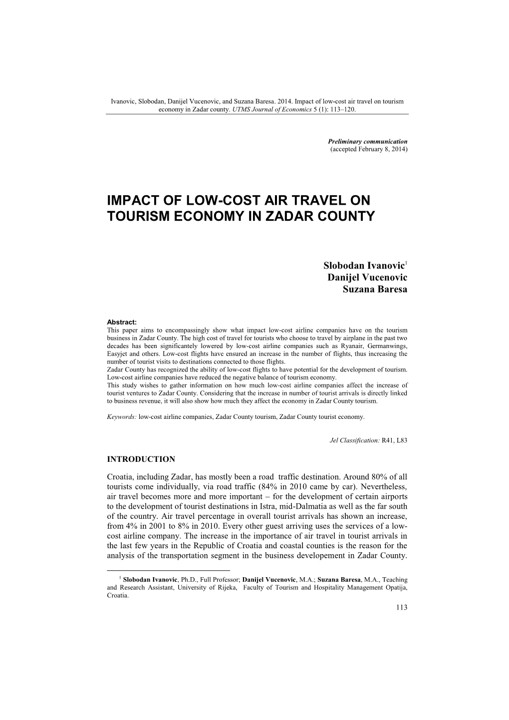 Impact of Low-Cost Air Travel on Tourism Economy in Zadar County