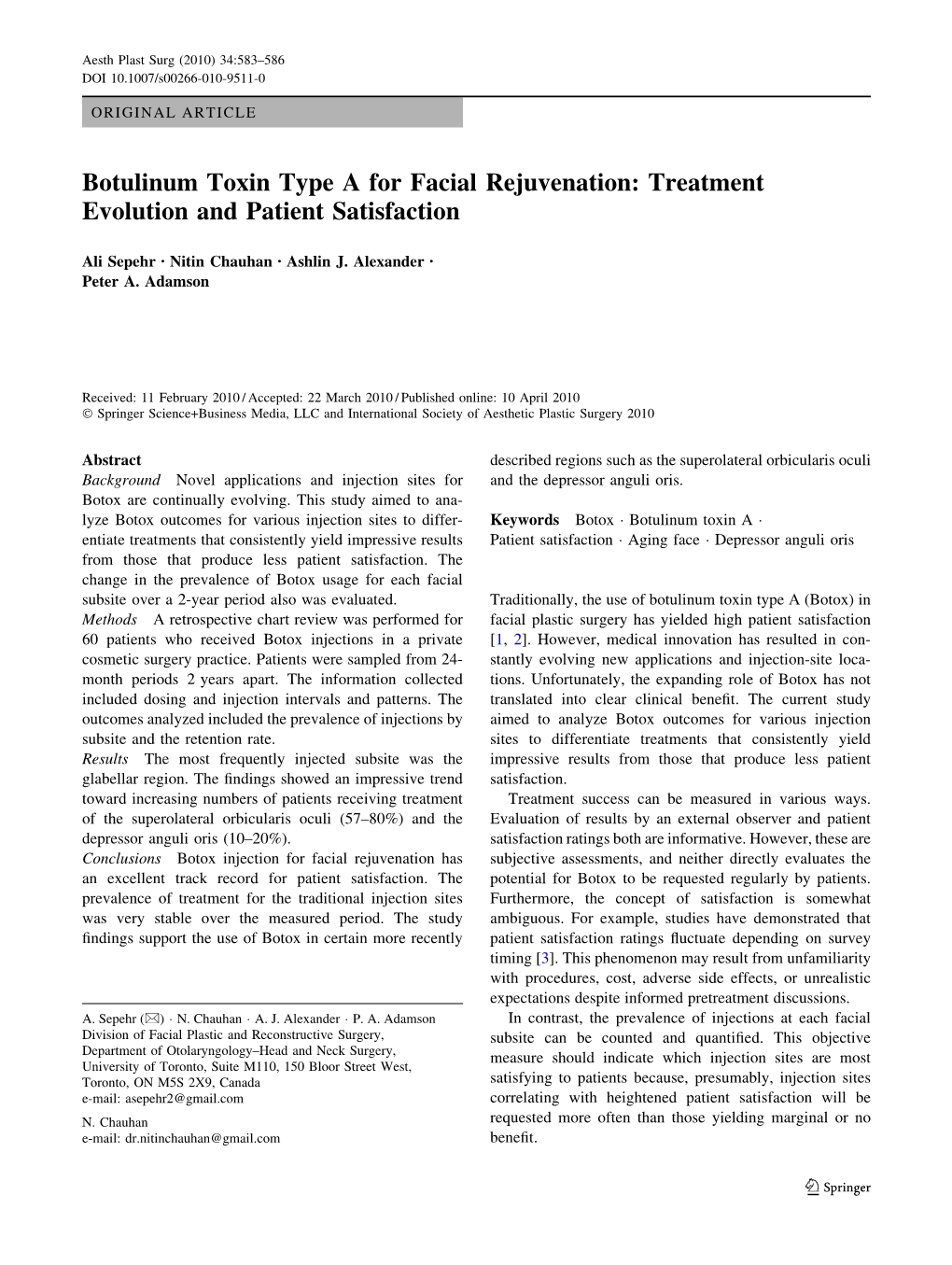 Botulinum Toxin Type a for Facial Rejuvenation: Treatment Evolution and Patient Satisfaction