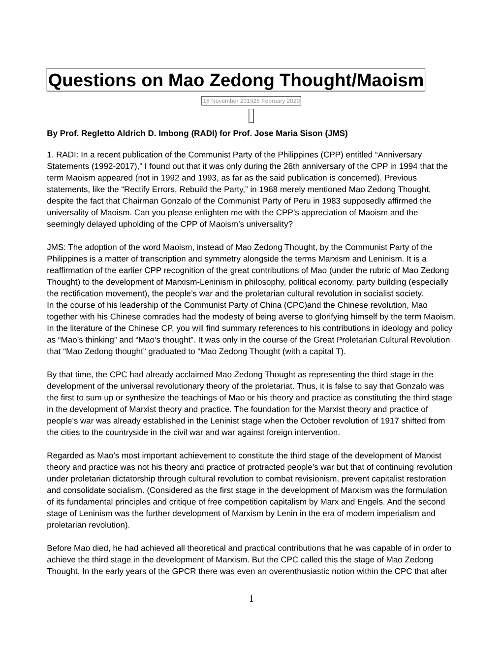 Questions on Mao Zedong Thought/Maoism