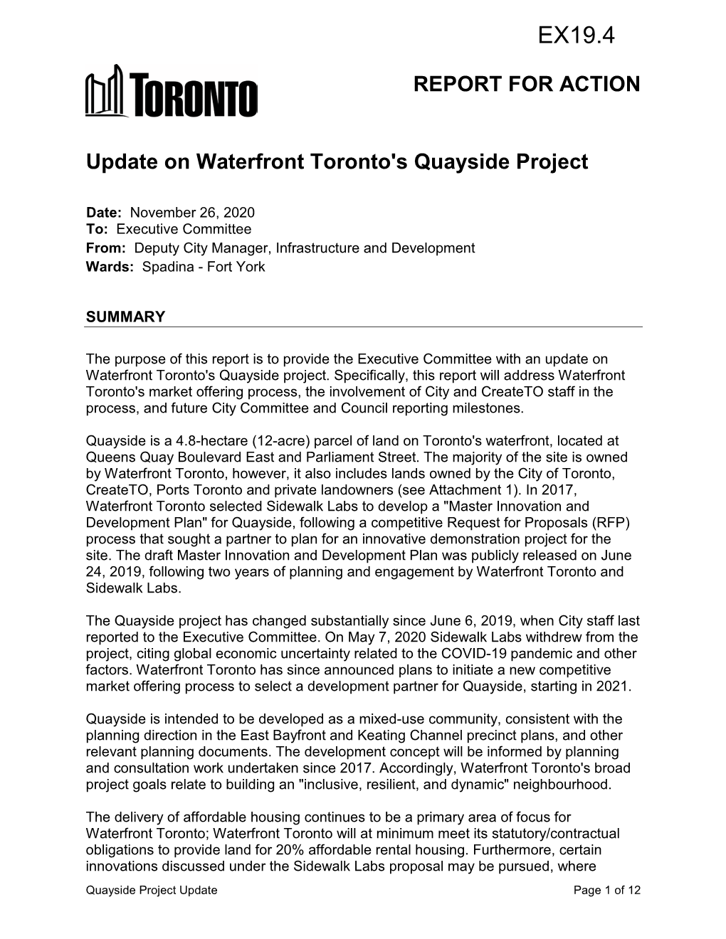 Update on Waterfront Toronto's Quayside Project