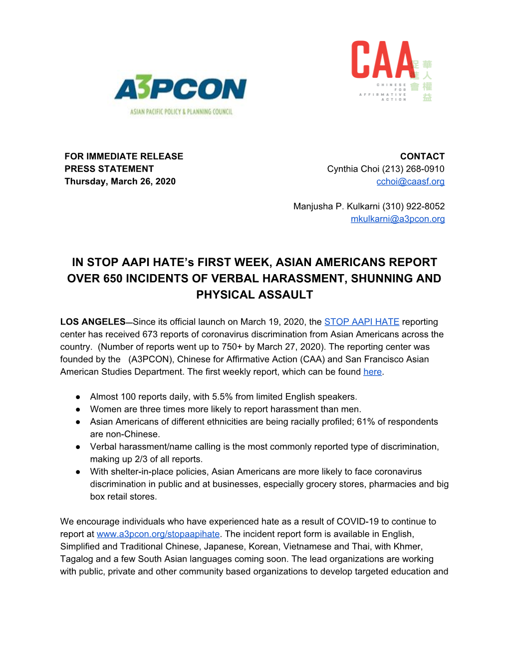 STOP AAPI HATE’S FIRST WEEK, ASIAN AMERICANS REPORT OVER 650 INCIDENTS of VERBAL HARASSMENT, SHUNNING and PHYSICAL ASSAULT