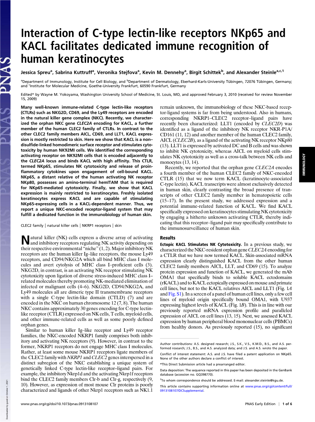 Interaction of C-Type Lectin-Like Receptors Nkp65 and KACL Facilitates Dedicated Immune Recognition of Human Keratinocytes