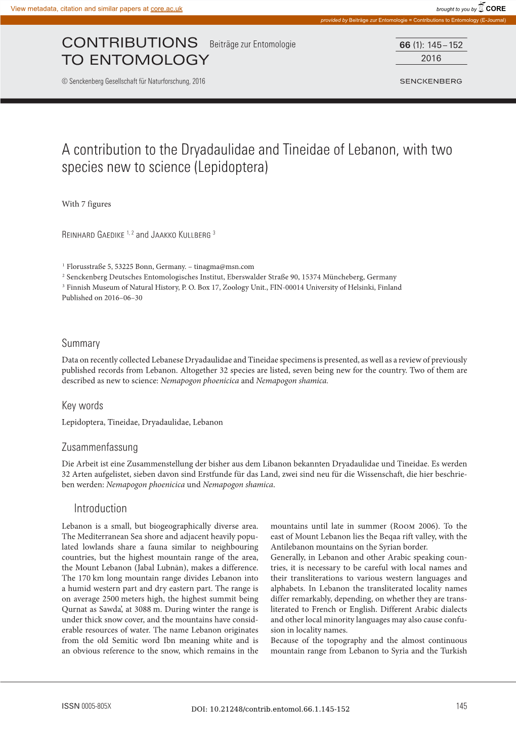 A Contribution to the Dryadaulidae and Tineidae of Lebanon, with Two Species New to Science (Lepidoptera)