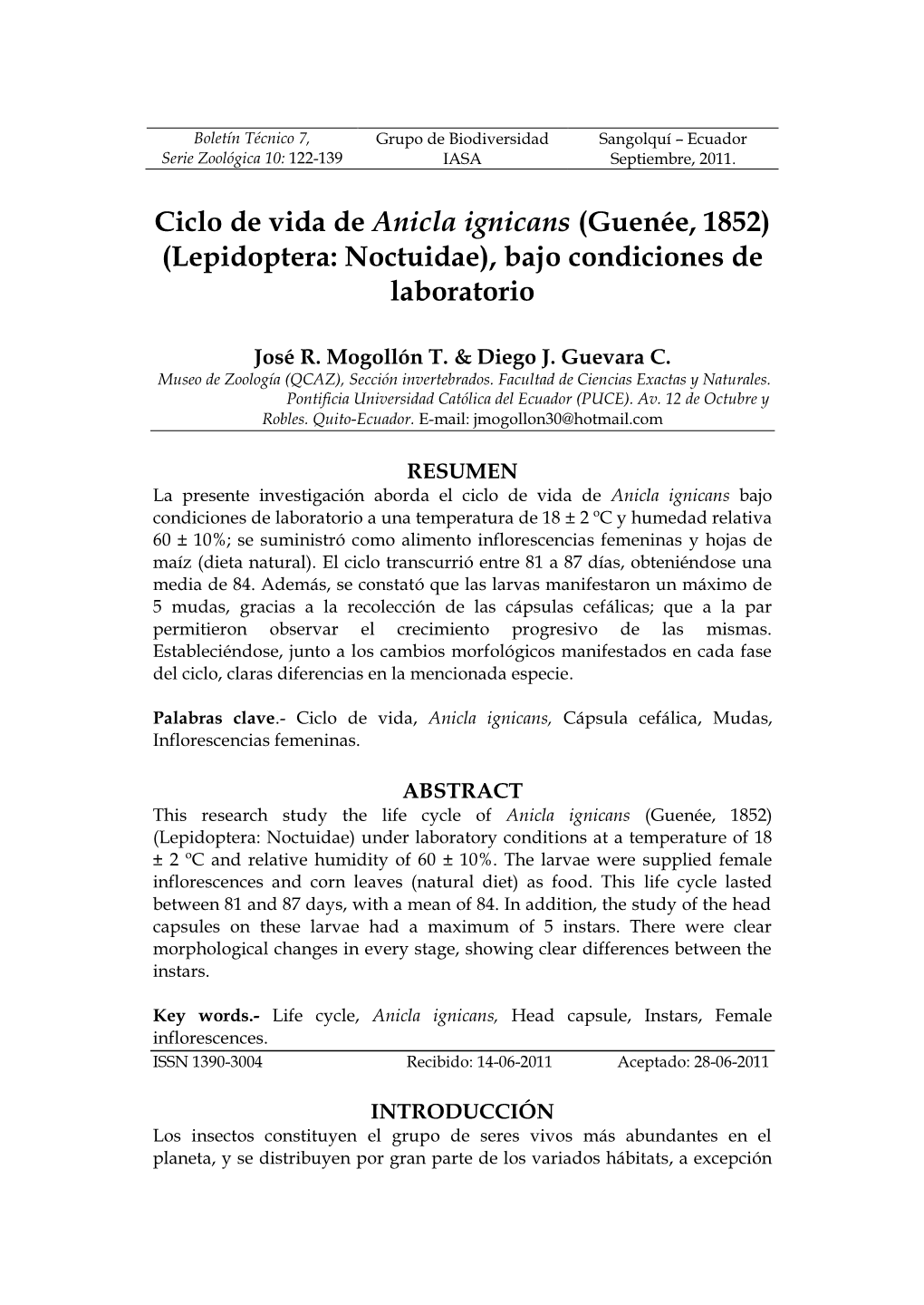 Ciclo De Vida De Anicla Ignicans (Guenée, 1852) (Lepidoptera: Noctuidae), Bajo Condiciones De Laboratorio