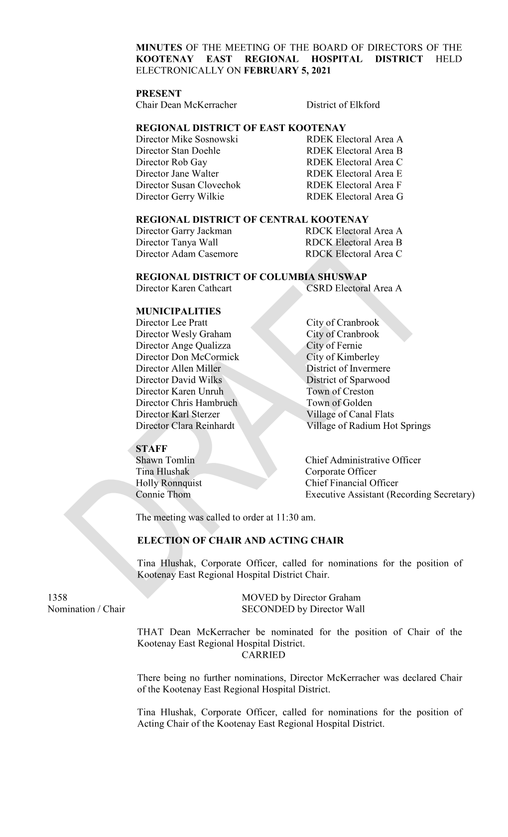 Minutes of the Meeting of the Board of Directors of the Kootenay East Regional Hospital District Held Electronically on February 5, 2021