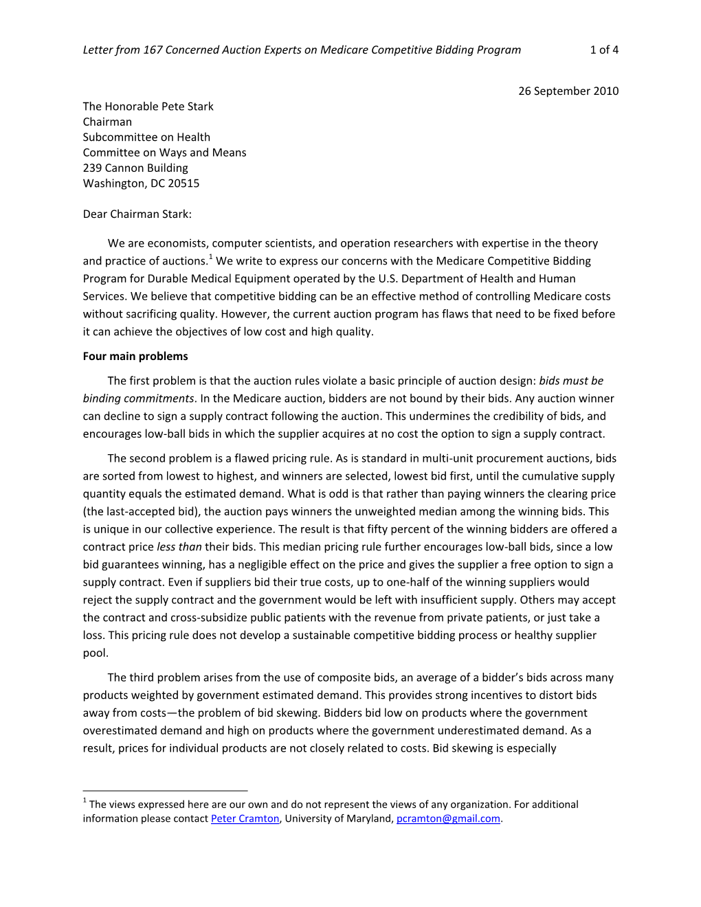 Letter from 167 Concerned Auction Experts on Medicare Competitive Bidding Program 1 of 4