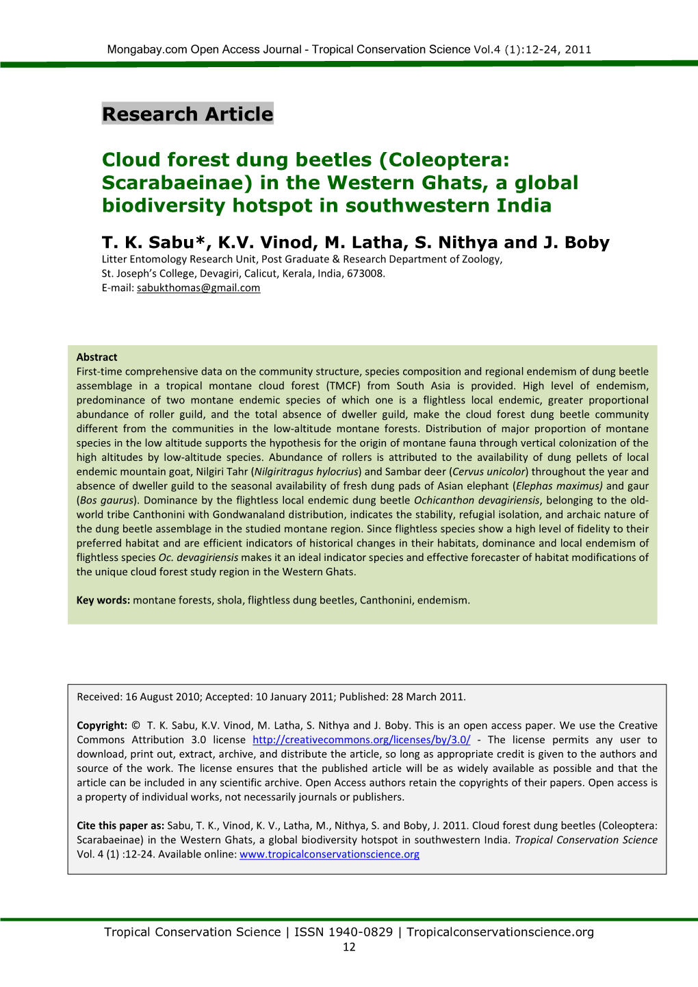 Research Article Cloud Forest Dung Beetles (Coleoptera: Scarabaeinae