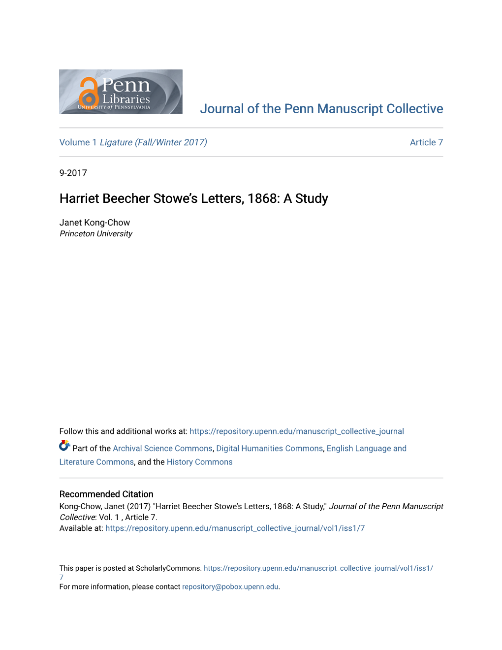 Harriet Beecher Stowe's Letters, 1868: a Study