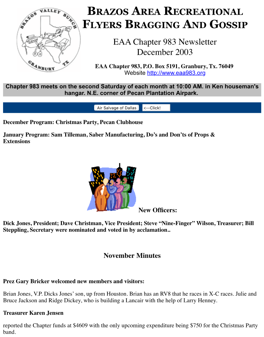 BRAZOS AREA RECREATIONAL FLYERS BRAGGING and GOSSIP EAA Chapter 983 Newsletter December 2003