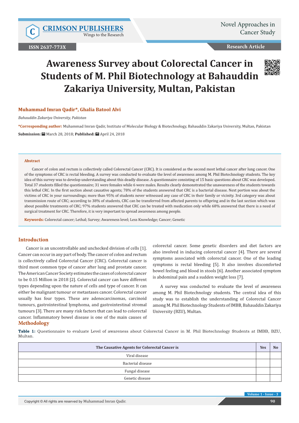 Awareness Survey About Colorectal Cancer in Students of M. Phil Biotechnology at Bahauddin Zakariya University, Multan, Pakistan