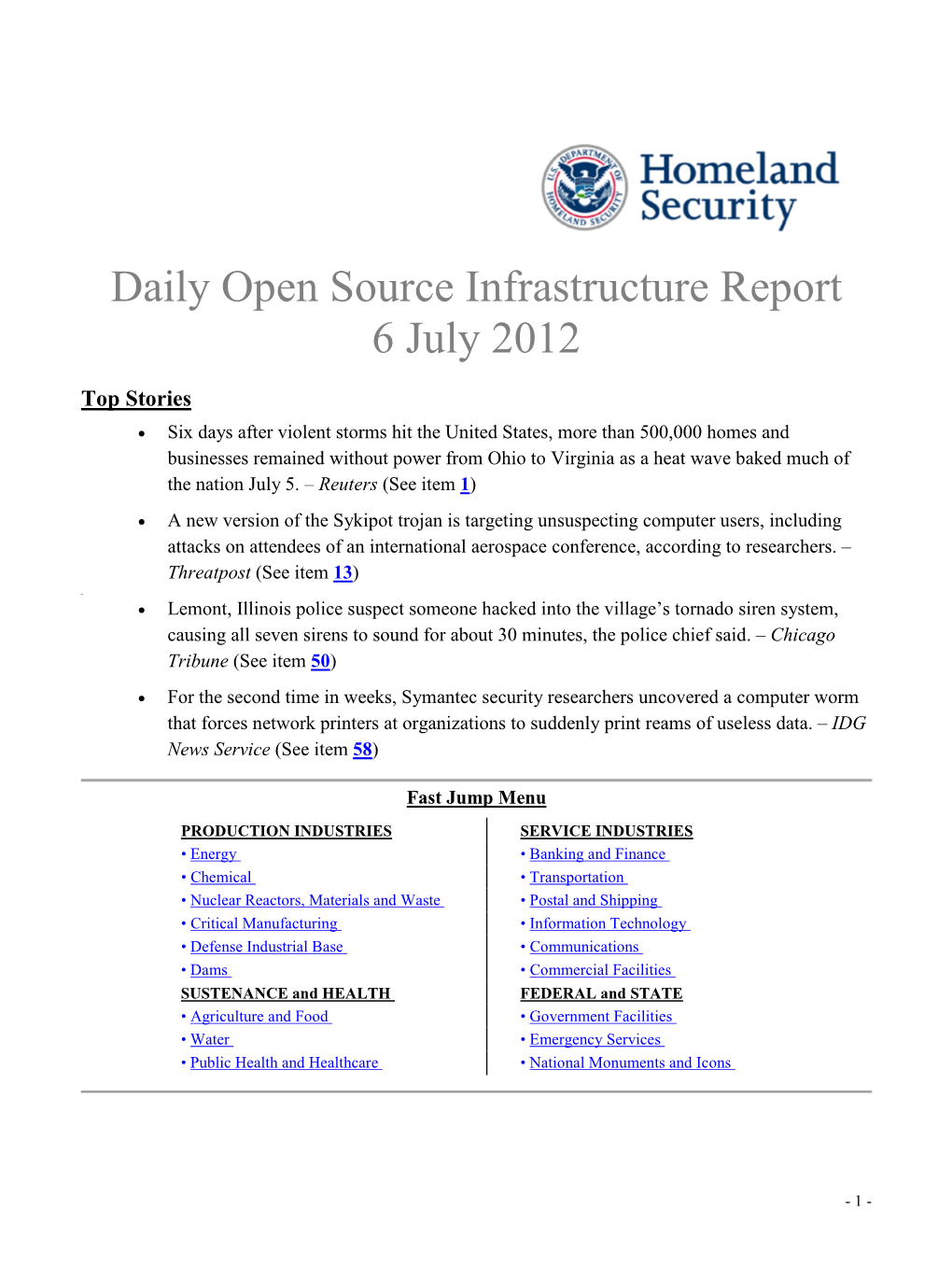 Department of Homeland Security Daily Open Source Infrastructure