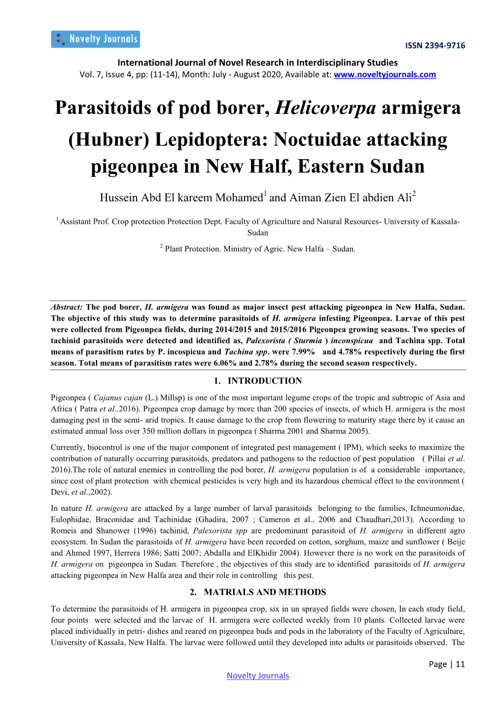 Parasitoids of Pod Borer, Helicoverpa Armigera (Hubner) Lepidoptera: Noctuidae Attacking Pigeonpea in New Half, Eastern Sudan