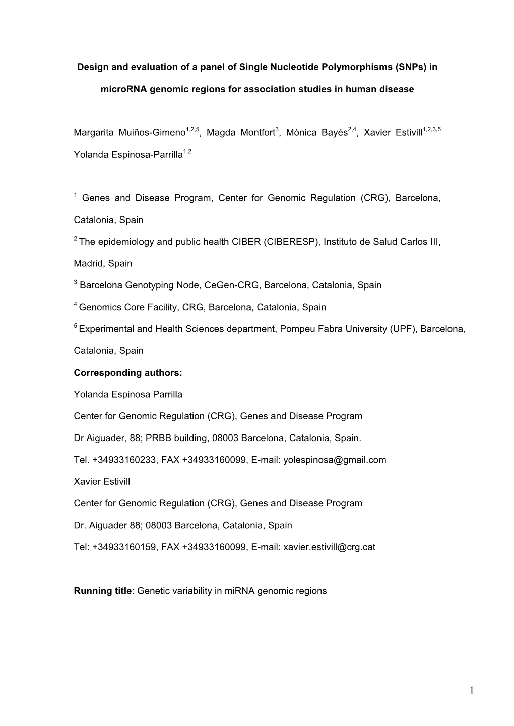 Design and Evaluation of a Panel of Snps in Mirna Genomic Regions