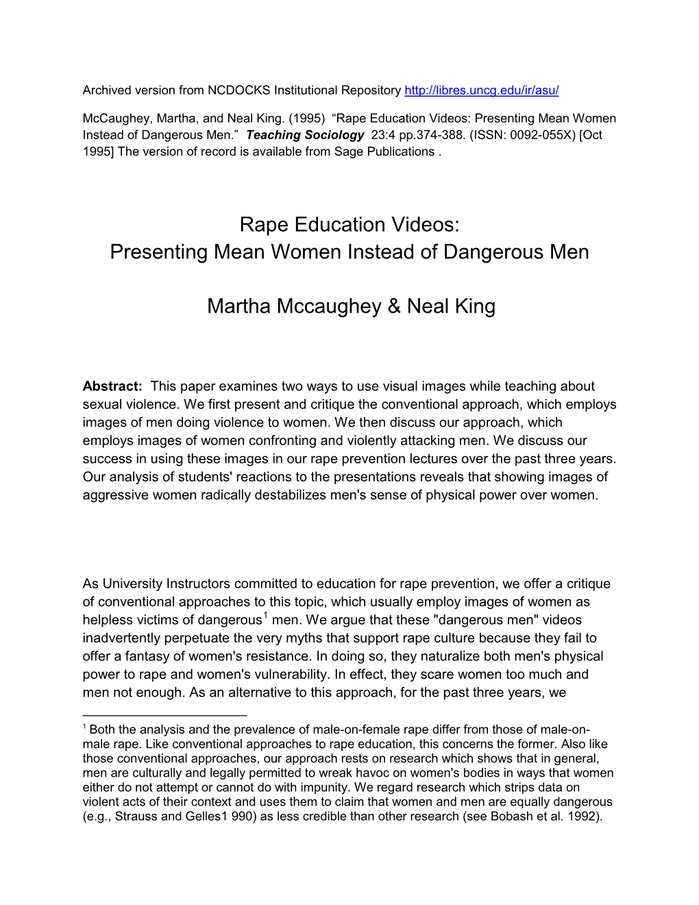 Rape Education Videos: Presenting Mean Women Instead of Dangerous Men.” Teaching Sociology 23:4 Pp.374-388