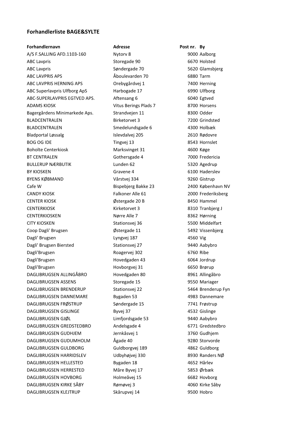 Forhandlerliste BAGE&SYLTE